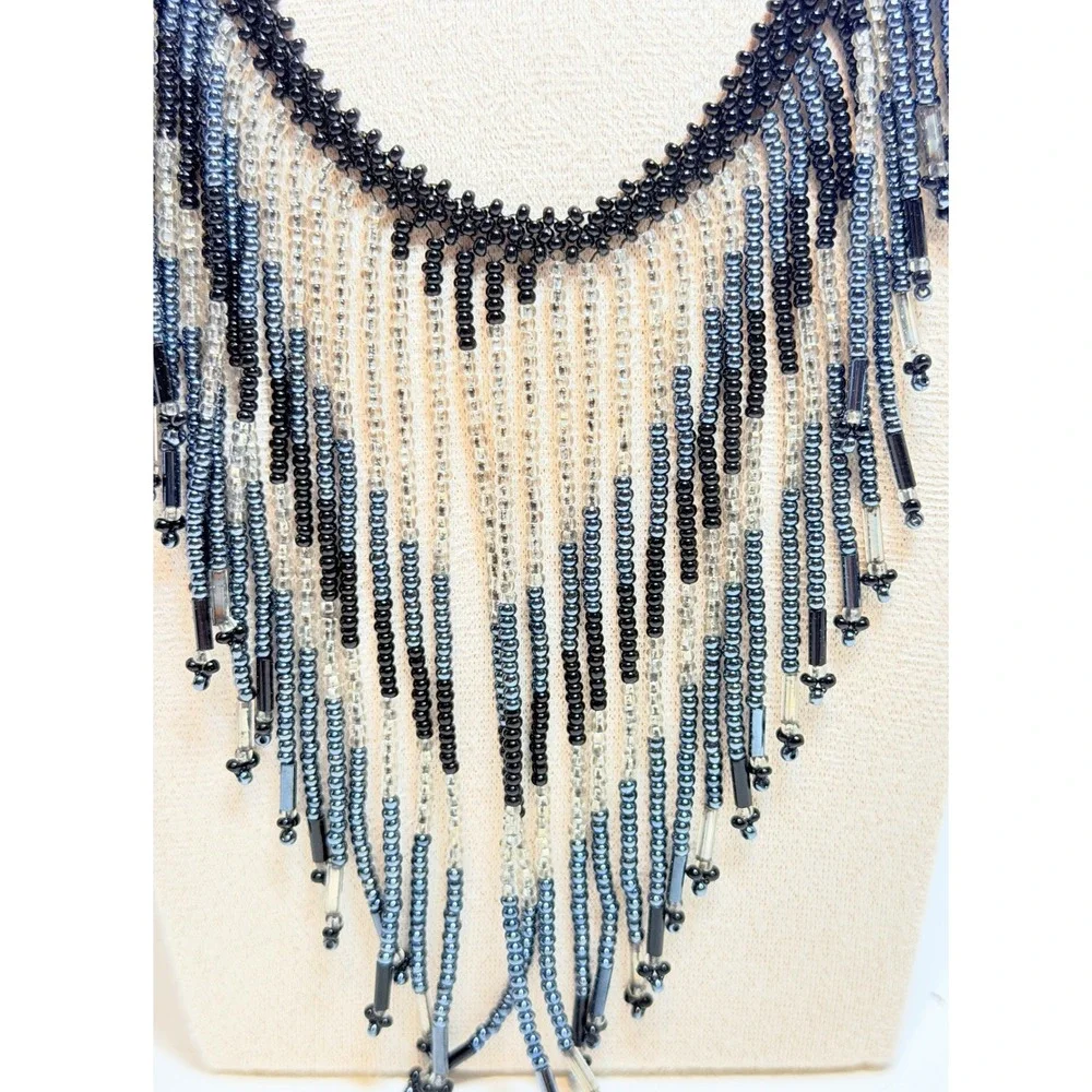 Black Blue Glass Beaded Fringe Bib Statement Necklace 19 Inch Toggle